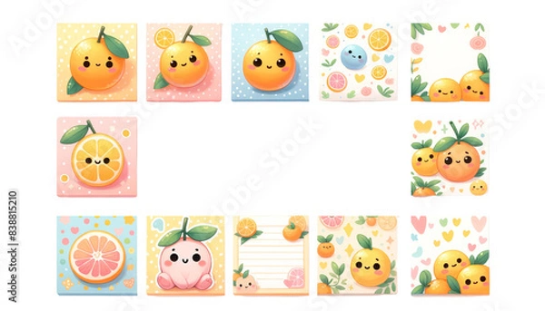 Fototapeta watercolor set of empty cute sticky notes Oranges isolated on transparent background
