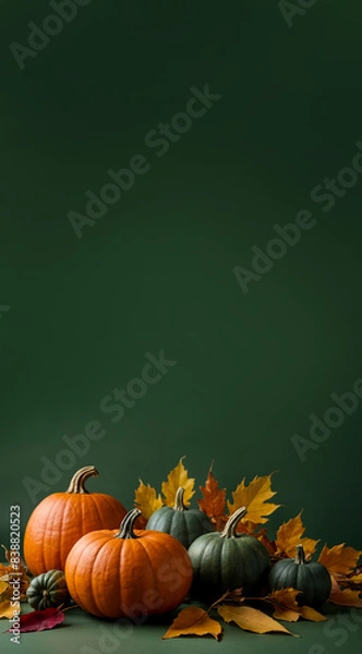Fototapeta Background with orange pumpkins and fall leaves on a green background, Thanksgiving day concept