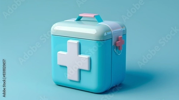 Obraz 3D first aid kit with addition symbol. Inoculation healthcare gear urgent case clinic or EMS secure bag. medicinal drug drug. 3D drug remedy symbol depiction.
