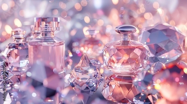 Fototapeta A high-tech 3D background featuring abstract luxury cosmetics structures like crystal-clear perfume bottles and diamond-encrusted compacts with space for branding