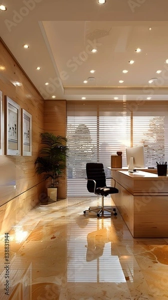Fototapeta Office interior with wooden floor and walls, large windows and a plant