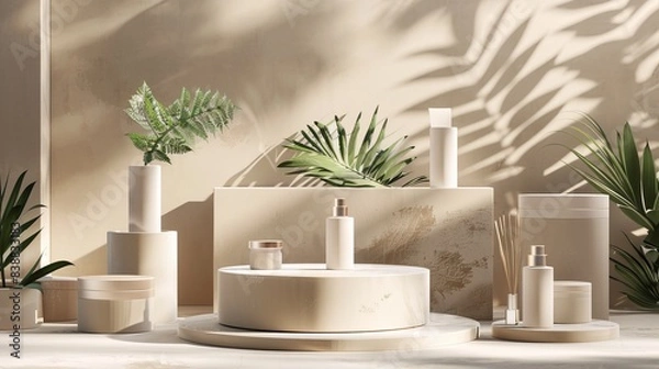 Fototapeta An elegant studio shot presenting a meticulously crafted 3D rendering of a futuristic luxury eco packaging design, highlighting premium materials and eco-friendly features, with space for branding