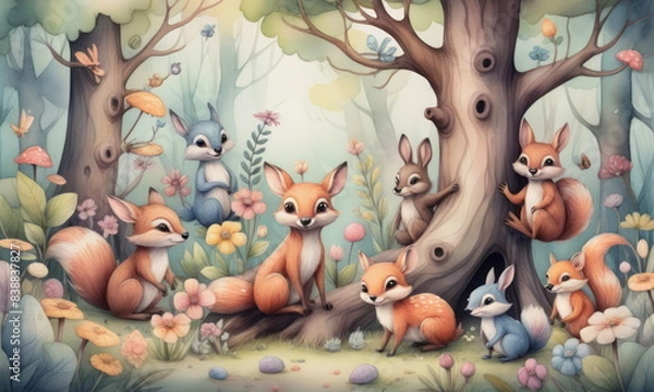 Fototapeta Adorable woodland animals gather around a tree in a vibrant forest with butterflies and mushrooms on a beautiful clear day