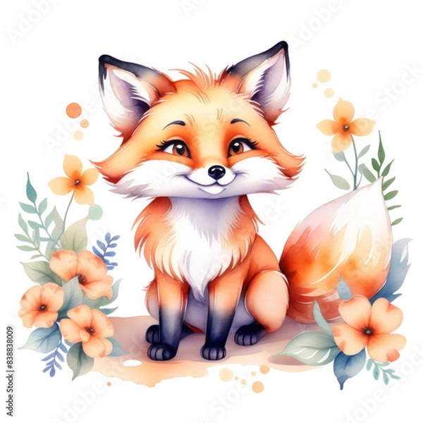 Fototapeta Watercolor small smiling fox sitting amidst vibrant flowers