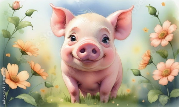 Fototapeta Piglet stands cheerfully amidst vibrant flowers, capturing the essence of joy and nature on a sunny spring day