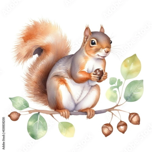 Fototapeta Watercolor illustration of a red squirrel sitting on a branch with green leaves, holding an acorn in its paws