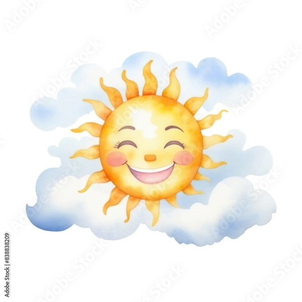 Fototapeta Watercolor smiling sun with bright yellow rays and a friendly face, surrounded by fluffy, blue clouds