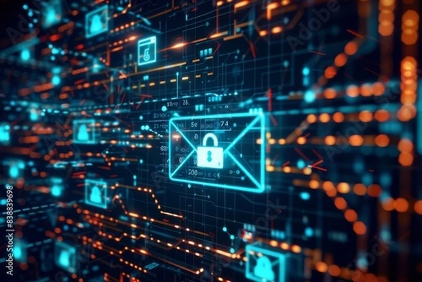 Fototapeta A secure email interface with encrypted message notifications and security icons