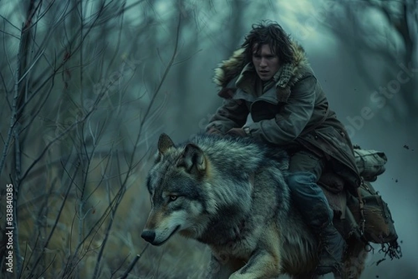 Fototapeta A serious man in warm clothing is sitting on the back of a wolf, they are riding through the forest.