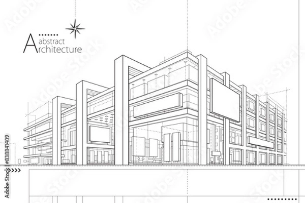 Fototapeta 3D illustration of abstract modern urban landscape line drawing, imaginative architecture building construction perspective design.
