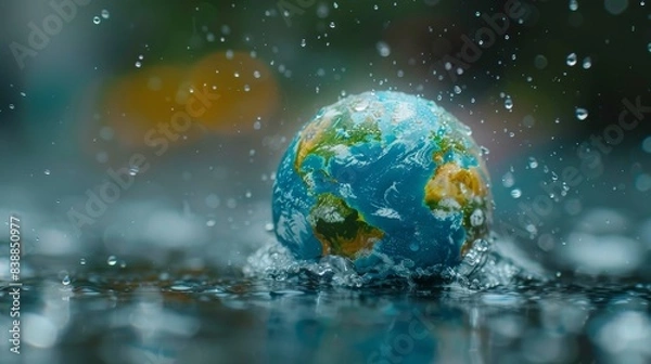 Fototapeta Earth Reflected in a Droplet of Water Generative AI