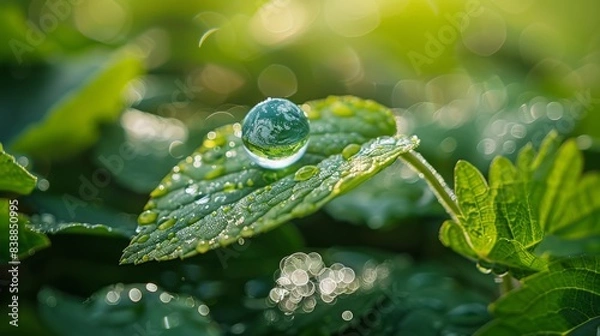 Fototapeta Earth Suspended in a Crystal Water Droplet Generative AI