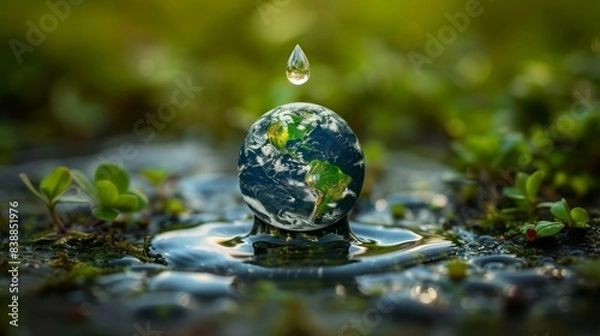 Fototapeta Hands Cupping Water with a Small Globe Inside Generative AI