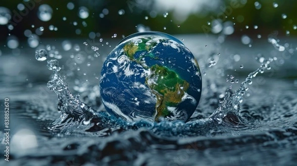 Fototapeta Planet Earth in a Crystal Clear Water Droplet Generative AI