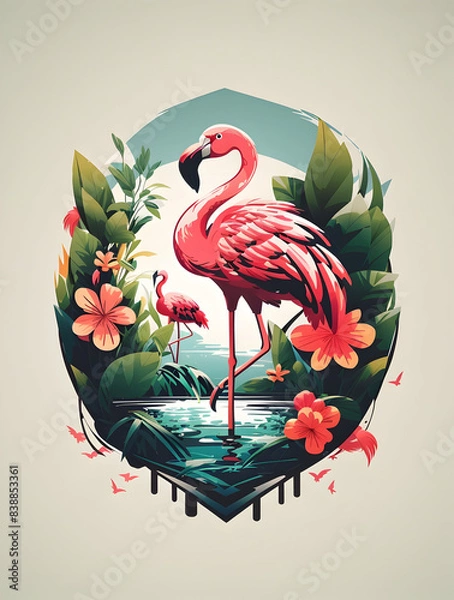 Fototapeta Illustration art of a flamingo in nature background for t-shirt design