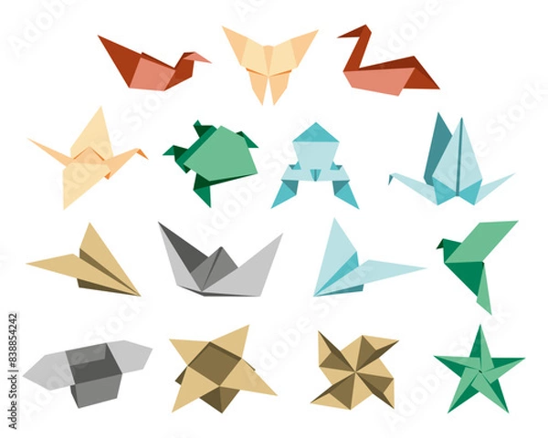 Obraz Origami Folded Paper Shapes: Bird, Crane, frog, butterfly, box, tulip. Flat Illustration Set Collection. Black silhouette icon