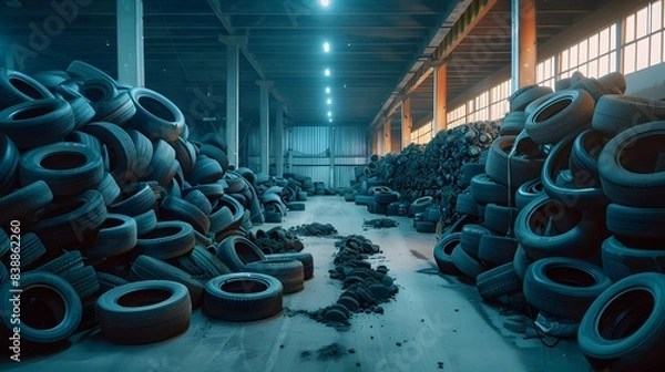 Obraz Landfill with old tires and tyres for recycling. Reuse of the waste rubber tyres.
