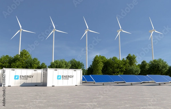 Fototapeta Energy storage systems with wind turbines and solar farms, Green alternative energy, Net zero emissions concept. 3D illustration