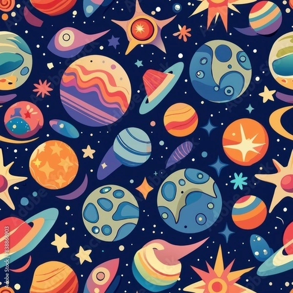 Fototapeta eamless pattern of collage shapes inspired by celestial bodies such as stars, moons, and planets, Generative AI