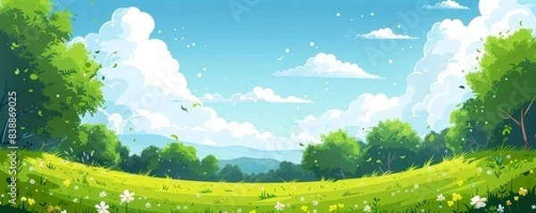 Obraz 春の日差しが降り注ぐ草原のイラスト
