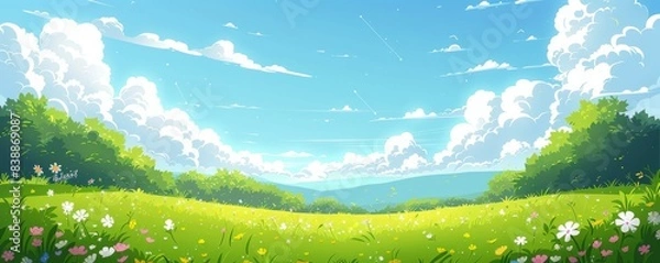 Fototapeta 春の日差しが降り注ぐ草原のイラスト
