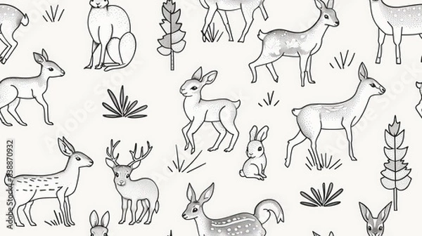 Fototapeta Line-drawn pattern of forest animals including deer, rabbits, and squirrels seamless pattern