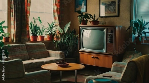 Fototapeta retro television on vintage interior room