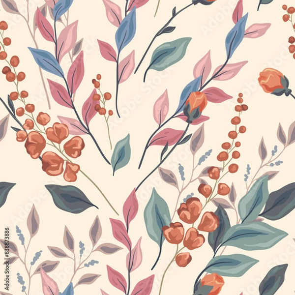 Fototapeta Seamless floral pattern, romantic flower print, abstract ornament in spring style. Botanical design: small hand drawn wild flowers, large leaves, tiny twigs in fond pastel colors. Vector illustration.