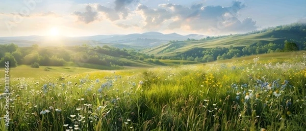 Obraz Beautiful sunrise over the meadow, with tall grass and wildflowers in full bloom. 