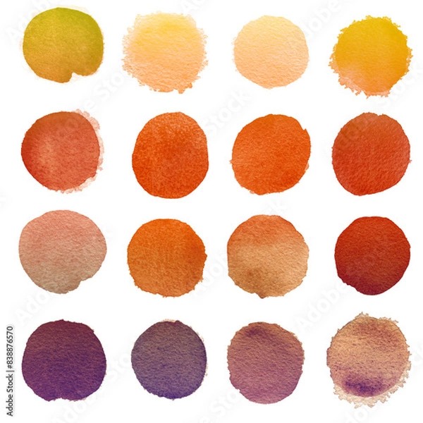 Fototapeta Set of brown watercolor circles isolated on a white background. Watercolour brown, red, yellow, coffee circles