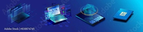 Fototapeta Isometric Illustration of 5G Technology with Laptop and Microchip, Isometric design of laptop, Isometric hologram 5g connection, microchip processor, 
