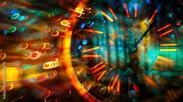 Fototapeta Blur light trail, glowing lines, energetic flow, close up, focus on, copy space, vivid and electric palette, Double exposure silhouette with clock face