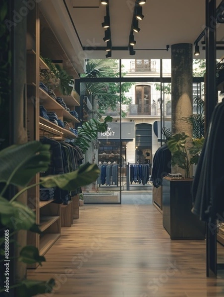 Obraz A cinematic photograph of a clothing store in the light of day, in a minimalist style