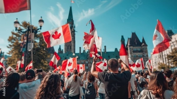 Fototapeta Canada day celebrating city. People with national flags. Background illustration generated by ai
