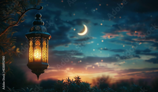 Fototapeta A lantern that is lit up in the night. Generative AI