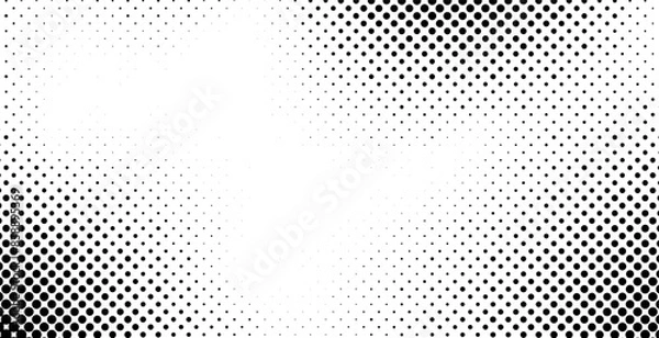 Fototapeta Abstract gradient halftone wave dotted textured pattern. Black grunge speckle on white background overlay. Retro comic pop art backdrop with halftone dots design