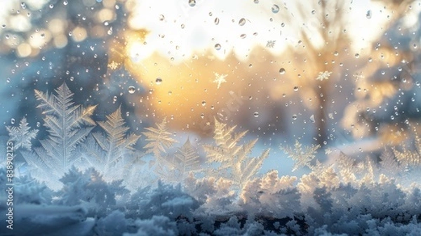 Fototapeta A frosty window pane with condensation trails, reminiscent of a winter wonderland.