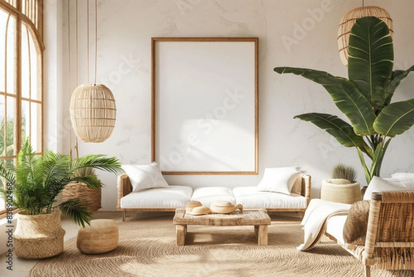 Fototapeta Mockup frame in a boho nomadic interior background with rural decorations