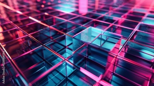 Fototapeta Abstract 3D cubes with futuristic light reflecting off glass surfaces. Perfect for backgrounds, technology, or design projects.