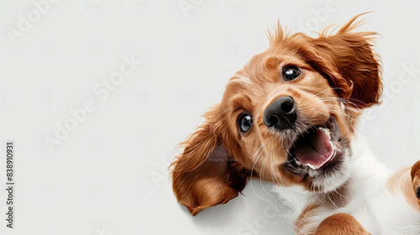 Obraz Portrait of a cute and happy puppy dog filled with joy in a studio with a white background for an animal or pets collection with copyspace