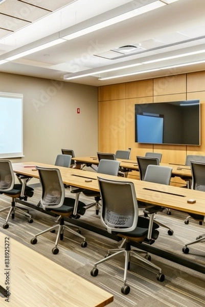 Obraz Professional Photography of a development meeting room equipped with dual monitors and ergonomic chairs for enhanced collaboration,Generative AI