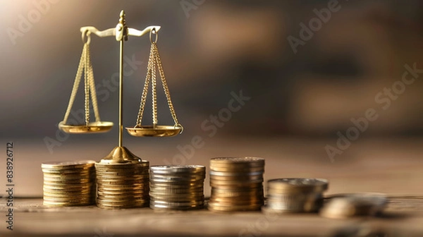 Fototapeta A classic scale of justice balanced with stacks of coins on either side, representing financial fairness.