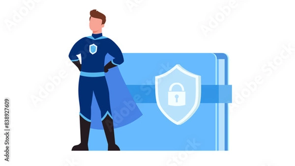 Fototapeta Standing security hero with lock shield on file. Data security concept, vector illustration