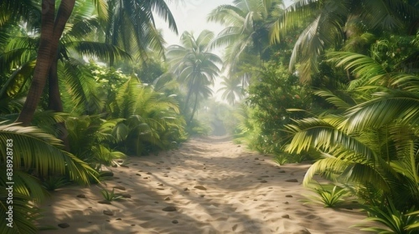 Fototapeta A sandy path leading through a dense cluster of palm trees.