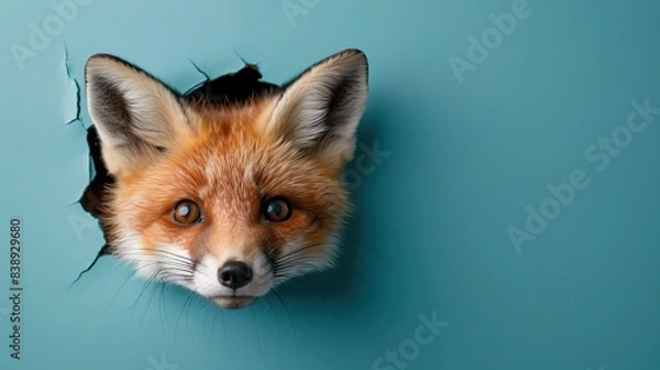 Fototapeta cute fox coming through crack hole in solid color background with copy space