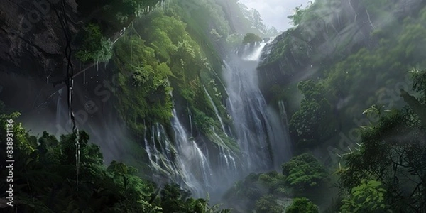 Fototapeta Close view of a misty mountain waterfall, detailed droplets in air, lush greenery, soft morning light. 
