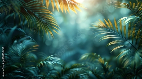 Fototapeta A close-up shot of golden palm leaves with a blurred background of a lush tropical forest.