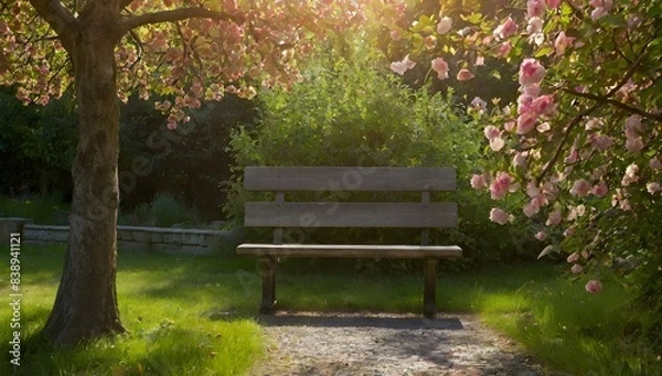 Fototapeta Dans un jardin paisible, une personne est assise sur un banc de pierre ancien, entourée d'arbres aux couleurs chatoyantes et de fleurs délicates. Les rayons du soleil traversent les branches, créant u
