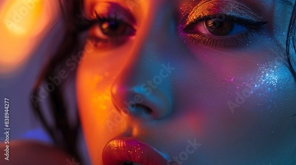 Fototapeta Closeup of a woman's face with colorful lighting and makeup.