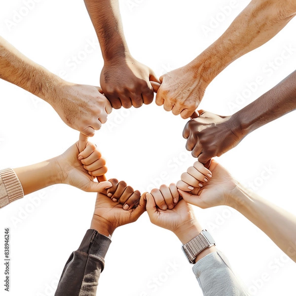 Obraz Diverse hands clasped together in a circle, symbolizing unity, teamwork, and community.